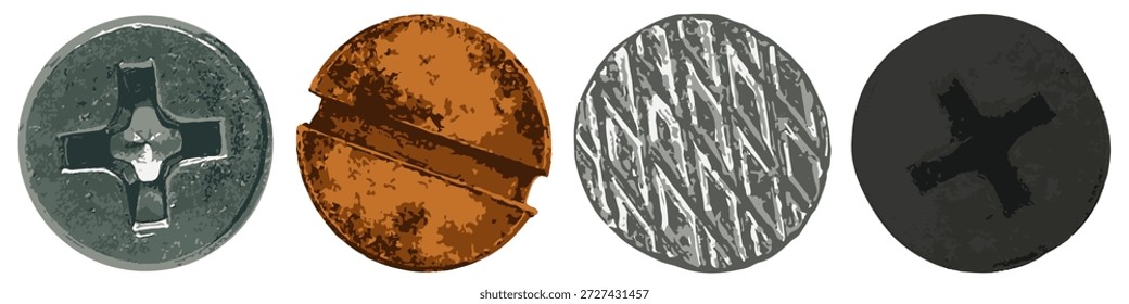 Screw head. Nail head. Bolt head. Self-tapping screw head. Set Vector illustration
