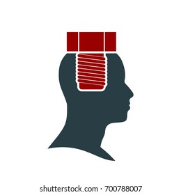 Screw in the head of a person. Mental health relative vector brochure or report design template.