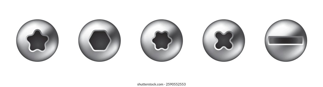 Screw Head Types with Different Drive Shapes Vector Set