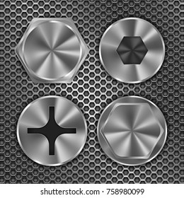Screw heads on metal perforated background. Vector 3d illustration