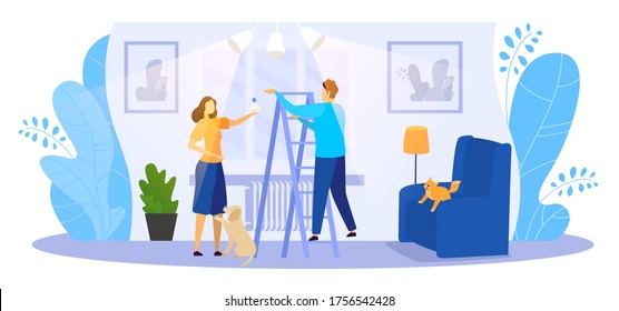 Screw home lamp with lightbulb vector illustration. Cartoon flat handyman climbing up ladder, fixing electric lamp, screwing and changing light bulb in home room interior, housework isolated on white