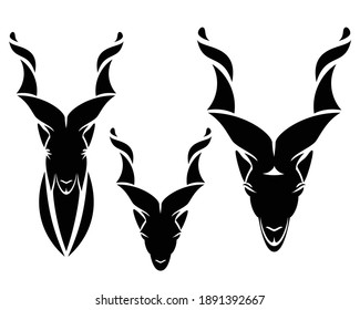 screw horn mountain goat head portrait - Pakistan markhor looking forward black and white vector design set