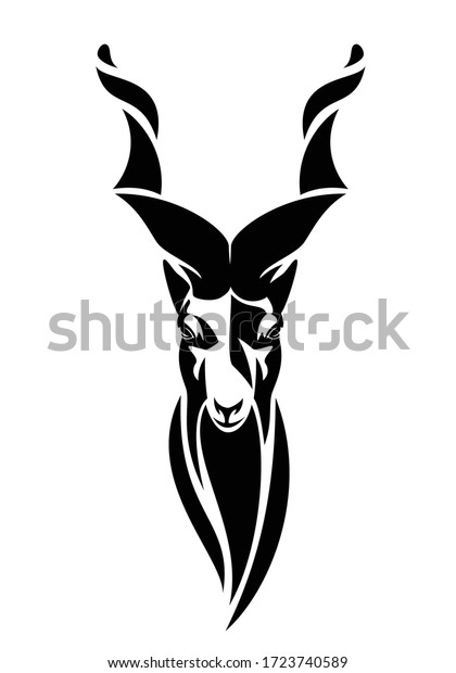 screw horn mountain goat head
portrait - markhor looking forward black and white vector
design