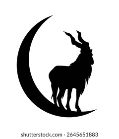 screw horn mountain goat markhor black and white hand drwan vector silhouette design - majestic animal standing on stylized moon crescent