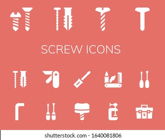 screw icon set. 14 filled screw icons.  Simple modern icons such as: Screw, Allen keys, Screwdriver, Pocket knife, Dental implant, Clamp, Swiss army knife, Toolbox