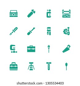 screw icon set. Collection of 16 filled screw icons included Auger, Screw, Corkscrew, Toolbox, Handsaw, Clamp, Screwdriver