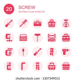 screw icon set. Collection of 20 filled screw icons included Screwdriver, Toolbox, Corkscrew, Clamp, Vise, Auger, Driller, Allen keys