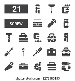 screw icon set. Collection of 21 filled screw icons included Driller, Toolbox, Screwdriver, Handsaw, Auger, Clamp, Screw, Vise, Corkscrew