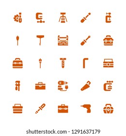 screw icon set. Collection of 25 filled screw icons included Toolbox, Driller, Screwdriver, Vise, Handsaw, Clamp, Allen keys, Screw, Auger, Corkscrew