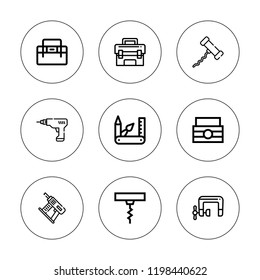 Screw icon set. collection of 9 outline screw icons with corkscrew, driller, nail gun, toolbox, swiss army knife icons. editable icons.