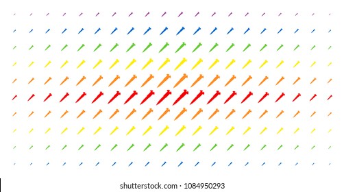 Screw icon spectrum halftone pattern. Vector screw pictograms are organized into halftone matrix with vertical rainbow colors gradient. Constructed for backgrounds, covers,