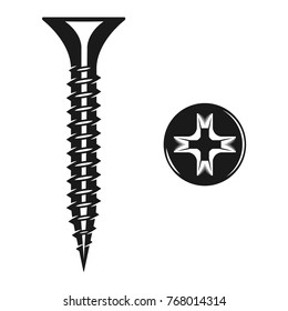 Screw isolated on the white background, top view and front view, monochrome style, vector