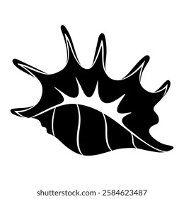 Screw Lambis sea shell or Spider conch, black silhouette isolated on white. Segmented shape, stencil style. Vector clipart, monochrome sign for illustration, marine design, icon or logo.