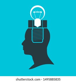 Screw and lamp in the head of a person. Lamp head businessman. Illustration of brainwork, idea appearance. Switch on bulb icon with idea text.