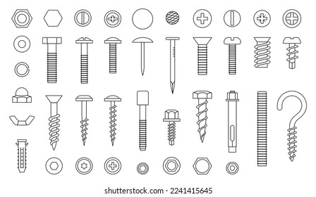 Screw line icons. Nut nail and bolt. Fixation iron river, metal hardware, hook and drill, outline black instruments. Isolated elements for construction. industry vector utter symbols set