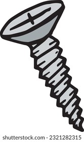 Screw made foe wood hand drawn colored object with outline illustration. Work and building important accessories simple logo. Single steel or metal bolt in a cartoonish style.