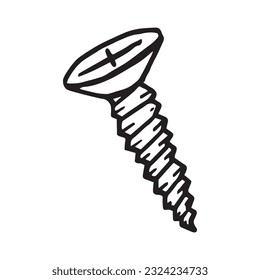 Screw made foe wood hand drawn simple object with outline illustration. Work and building important accessories simple logo. Single steel or metal bolt in a cartoonish style. Small building detail.