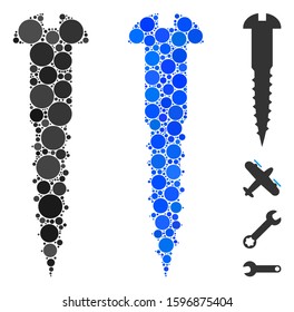 Screw mosaic of round dots in different sizes and color tints, based on screw icon. Vector round dots are combined into blue mosaic. Dotted screw icon in usual and blue versions.