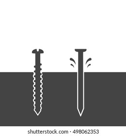 Screw and nail driven into the surface, concept of construction and repair, 2d vector illustration, eps 8