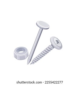 Screw, nail and nut set vector illustration. Cartoon isolated metal hardware collection for construction and repair technical work, steel tools with round head for screw drilling, fixation item