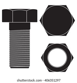 Screw with nut. Close-up icon. Vector illustration isolated on white background