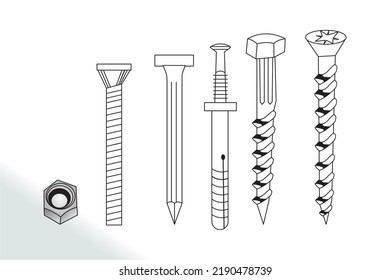 Screw Nut Set Drawing, Nuts, Bolts Screws Collection, Isometric View, Technical Illustration, Cotter Pin, Machine Screws, Angle, 3D, Hex Head, Phillips, Flathead, Exploded Diagram, Engineerin, Vector