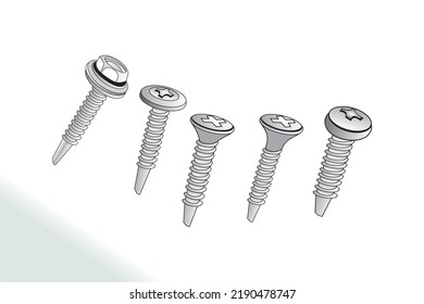 Screw Nut Set Drawing, Nuts, Bolts Screws Collection, Isometric View, Technical Illustration, Cotter Pin, Machine Screws, Angle, 3D, Hex Head, Phillips, Flathead, Exploded Diagram, Engineerin, Vector