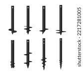 Screw piles steel round engineering construction element set realistic vector illustration. Industrial maintain base hardware metallic tool for architectural building work. Rebar details site basement