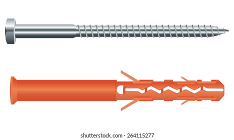 Screw with plastic dowel.   Vector illustration isolated on white background