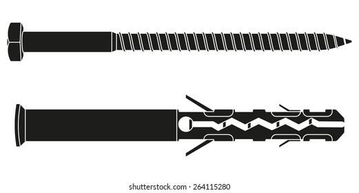 Screw with plastic dowel.   Vector illustration isolated on white background