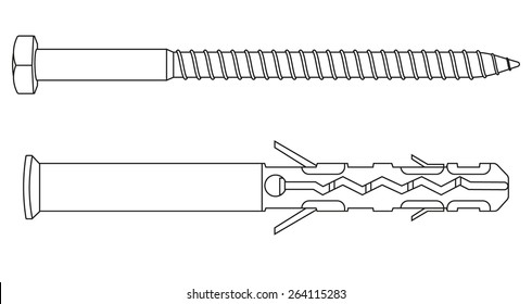 Screw with plastic dowel.   Vector illustration isolated on white background