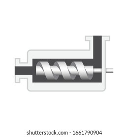 Screw pump in cross section vector design isolated on white background. Also called archimedes screw, water screw. Consist of rotating parts, spiral impeller for blowing or submersible water, oil, gas