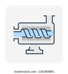 Screw pump vector icon in cross section view. Also called archimedes screw, water screw. Consist of rotating parts, spiral impeller for blowing or submersible water, gas, lube oil with high pressure.