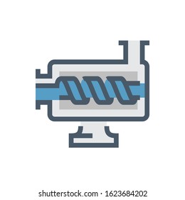 Screw pump vector icon in cross section view. Also called archimedes screw, water screw. Consist of rotating parts, spiral impeller for blowing or submersible water, gas, lube oil with high pressure.