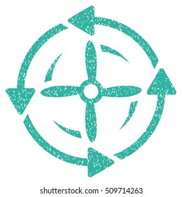 Screw Rotation grainy textured icon for overlay watermark stamps. Flat symbol with dust texture. Dotted vector cyan ink rubber seal stamp with grunge design on a white background.
