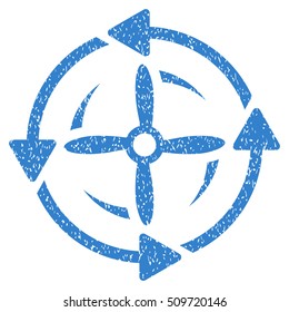 Screw Rotation grainy textured icon for overlay watermark stamps. Flat symbol with dust texture. Dotted vector cobalt ink rubber seal stamp with grunge design on a white background.