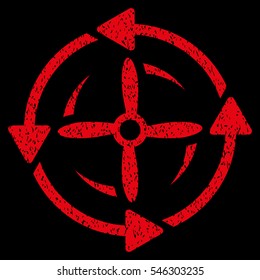 Screw Rotation grainy textured icon for overlay watermark stamps. Flat symbol with dirty texture. Dotted vector red ink rubber seal stamp with grunge design on a black background.