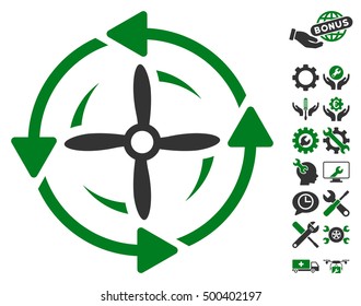Screw Rotation icon with bonus service pictograph collection. Vector illustration style is flat iconic symbols, green and gray colors, white background.