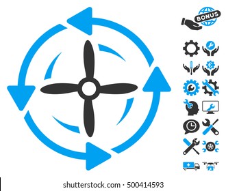 Screw Rotation icon with bonus service design elements. Vector illustration style is flat iconic symbols, blue and gray colors, white background.