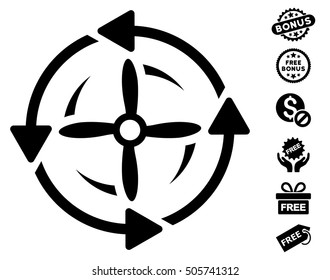 Screw Rotation icon with free bonus design elements. Vector illustration style is flat iconic symbols, black color, white background.