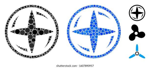 Screw rotation mosaic of round dots in various sizes and color tints, based on screw rotation icon. Vector round dots are grouped into blue mosaic.