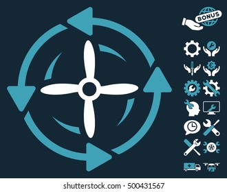 Screw Rotation pictograph with bonus settings pictograph collection. Vector illustration style is flat iconic symbols, blue and white colors, dark blue background.