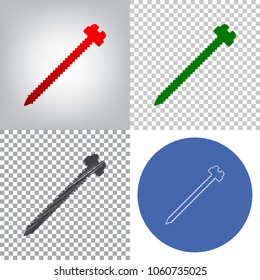 Screw sign illustration. Vector. 4 styles. Red gradient in radial lighted background, green flat and gray scribble icons on transparent and linear one in blue circle.