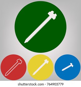 Screw sign illustration. Vector. 4 white styles of icon at 4 colored circles on light gray background.