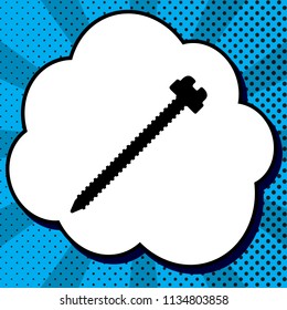 Screw sign illustration. Vector. Black icon in bubble on blue pop-art background with rays.