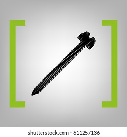 Screw sign illustration. Vector. Black scribble icon in citron brackets on grayish background.