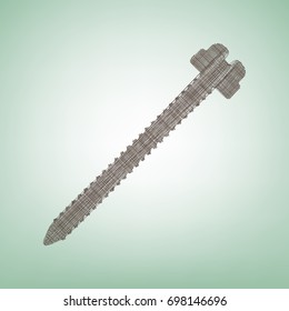 Screw sign illustration. Vector. Brown flax icon on green background with light spot at the center.