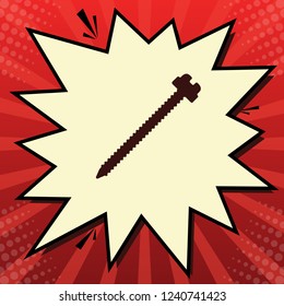 Screw sign illustration. Vector. Dark red icon in lemon chiffon shutter bubble at red popart background with rays.