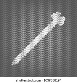 Screw sign illustration. Vector. White knitted icon on gray knitted background. Isolated.