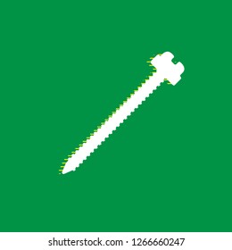 Screw sign illustration. Vector. White flat icon with yellow striped shadow at green background.